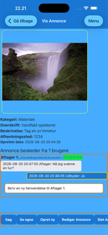 En annonce med chat mellem udbyder og aftager på iPhone